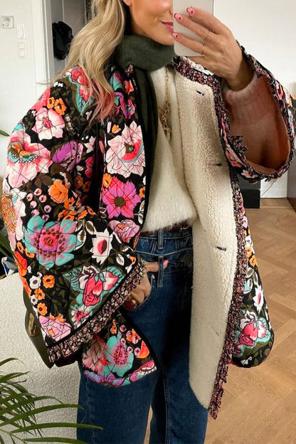 Casual College Floral Patchwork O Neck Outerwear